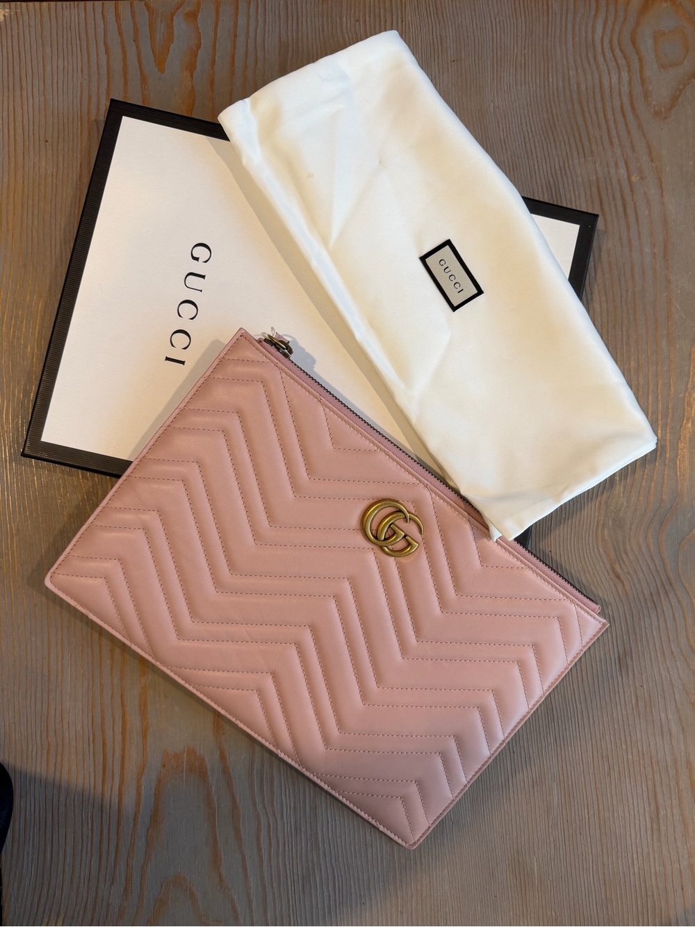 Gucci Pink Chevron Stitching Leather Clutch with Gold GG